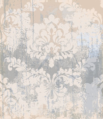 Vector rococo pattern texture. Damask ornament grunge background. Vintage royal fabric rust effect. Victorian exquisite floral templates