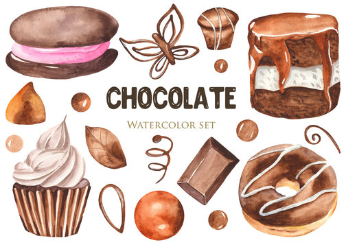 Watercolor set of sweets. Donuts, cheesecakes, cakes, sweets, muffins, chocolate. Sweet desserts for cards, invitations, birthdays, cafes, menus and more.