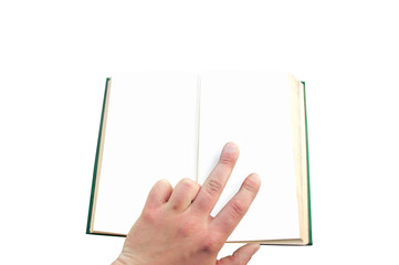man holding an open book on an isolated white background