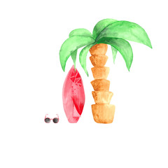 Hand drawn watercolor ocean surfing set with palm girl with surf, surf, cocktail, coconut, shell, sunglasses.Watercolour sea sport activity.