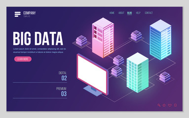 Design website or landing page template. Minimal modern high technology concept for data center with server or hosting. Isometric vector illustration.