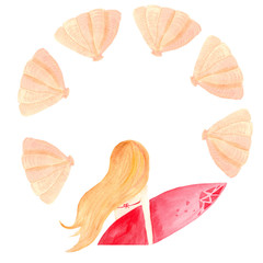 Hand drawn watercolor ocean surfing set with palm girl with surf, surf, cocktail, coconut, shell, sunglasses.Watercolour sea sport activity.