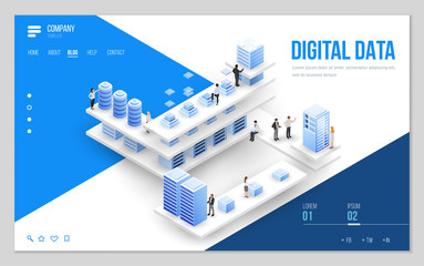 Design website or landing page template. Minimal modern high technology concept for data center with server or hosting. Isometric vector illustration.