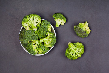 Fresh green organic broccoli in white bowl.