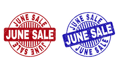 Grunge JUNE SALE round stamp seals isolated on a white background. Round seals with grunge texture in red and blue colors. Vector rubber imprint of JUNE SALE title inside circle form with stripes.