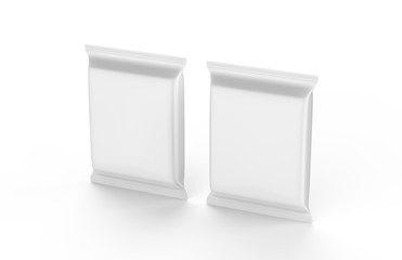 Blank White Foil Food Snack Sachet Bag Packaging For Chips, Coffee, Salt, Sugar, Pepper, Spices, Sachet, Sweets and Cookies. Mock Up Template On Isolated White Background, 3D Illustration