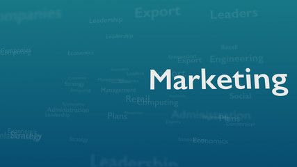 Light blue background with subject words, which deal with marketing. The bold word is situated on the right side ofcomposition. Close up. Copy space. 3D.