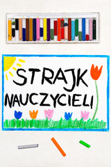 Kolorowy rysunek przedstawiający strajk nauczycieli 