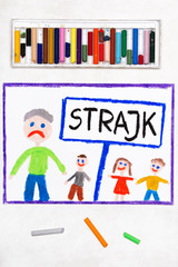 Kolorowy rysunek przestawiający strajk nauczycieli  