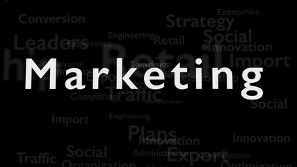 Black background with subject words, which deal with marketing. The bold word is situated in the centre of composition. Close up. Copy space. 3D.