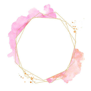 Fototapeta Golden geometric frame with watercolor stain. Template for invitation, wedding, birthday, greeting card, logos, quotes, place for text.