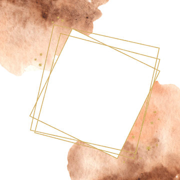 Golden geometric frame with watercolor stain. Template for invitation, wedding, birthday, greeting card, logos, quotes, place for text.