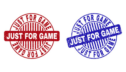 Grunge JUST FOR GAME round stamp seals isolated on a white background. Round seals with grunge texture in red and blue colors.