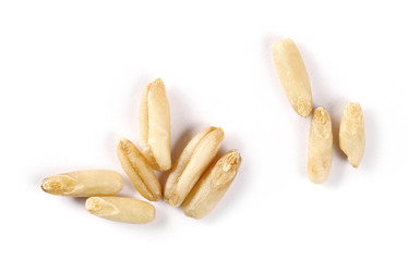 Peeled oat grains isolated on white background, macro