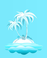 Fototapeta na wymiar A small tropical island with palm trees in the ocean for your design. Poster with palm tree. Summer vacation in tropics. Cartoon illustration. 