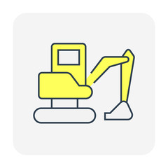 Excavator or backhoe vector icon. Heavy machine equipment or digger vehicle consist of hydraulic, crawler, bucket or shovel for soil dig, clearing and demolition in building construction site, mining.