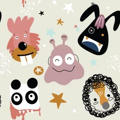 Wall murals Monsters Seamless childish pattern with cute monster  and alien head. Creative kids texture for fabric, wrapping, textile, wallpaper, apparel. Vector illustration