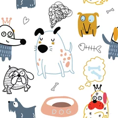 Fototapeten Nahtloses kindisches Muster mit süßem Hund und handgezeichneten Formen. Kreative Kindertextur für Stoff, Verpackung, Textilien, Tapeten, Bekleidung. Vektor-Illustration. © 9george