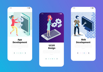  Modern UX, UI screen for mobile or responsive web site. Set of onboarding screens user interface kit for web and app development, design, mobile app templates concept. Flat vector illustration