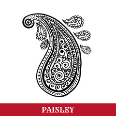 Paisley motif hand drawn isolated vector tattoo illustration. Buta ink pen isolated clipart. Persian ornate sketch drawing. Monochrome boteh curl. Greeting card, textile ornamental design element