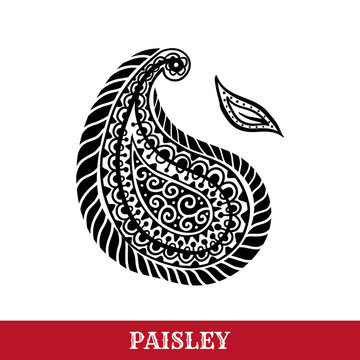 Paisley motif hand drawn isolated vector tattoo illustration. Buta ink pen isolated clipart. Persian ornate sketch drawing. Monochrome boteh curl. Greeting card, textile ornamental design element