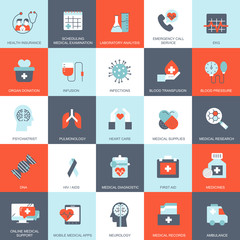 Healthcare and medicine, medical equipment icons set for website and mobile site and apps. Contains such Icons as Ambulance. Flat vector illustration