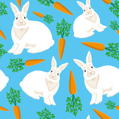Seamless pattern with white rabbits and carrots on a blue background.