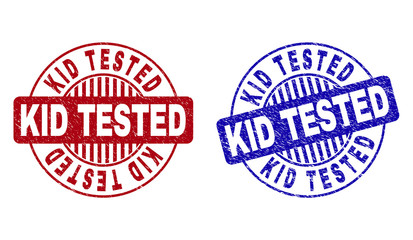 Grunge KID TESTED round stamp seals isolated on a white background. Round seals with grunge texture in red and blue colors. Vector rubber imprint of KID TESTED text inside circle form with stripes.