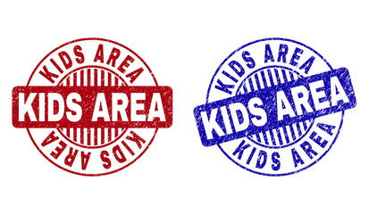 Grunge KIDS AREA round stamp seals isolated on a white background. Round seals with grunge texture in red and blue colors. Vector rubber watermark of KIDS AREA caption inside circle form with stripes.