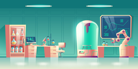 Future science laboratory, human genetics researcher workplace interior cartoon vector with computer and microscope on desk, lab flasks in rack, robotic hand, capsule for experiments illustration © vectorpocket