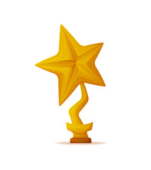 Golden star trophy award vector isolated icon. Reward in shape of reel with stripe on pedestal with name table, champion reward