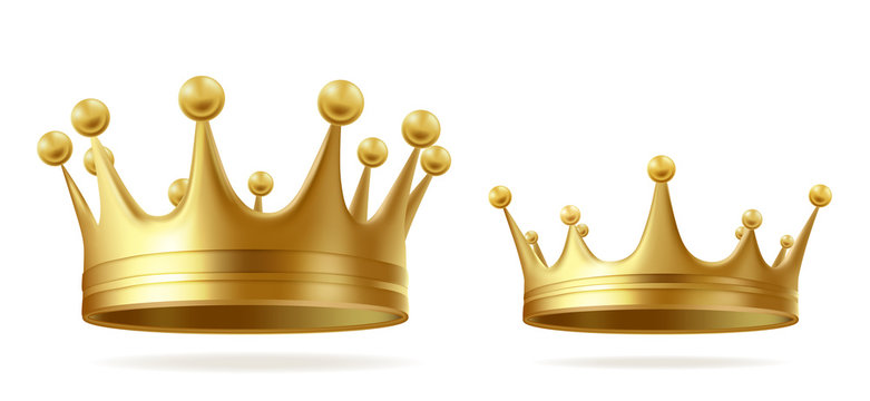 King or queen golden crowns realistic vector set isolated on white background. Medieval ruler ceremonial headwear, emperors monarchy power symbol illustration collection