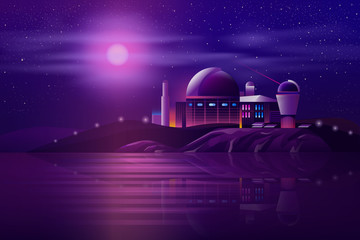 Astronomical ground-based observatory with optical telescope and laser guide star system on ocean shore carton vector illustration. Science institution building for space researches and observations © vectorpocket