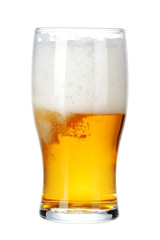 Single glass of beer close up isolated on white background