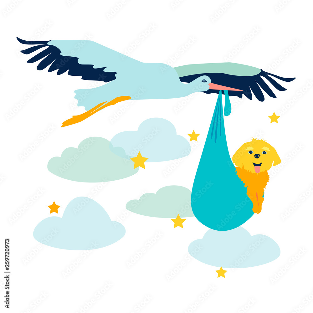 Wall mural stork carries newborn puppy vector illustration. flat style.