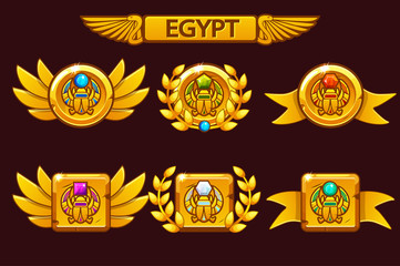 Receiving the cartoon game achievement. Egyptian awards with scarab symbol. For game, user interface, banner, application, interface, slots, game development. Icons on separate layers.