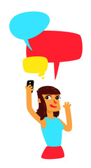 A girl with comic bubbles does selfie.  The girl is chatting. Illustration in the cartoon style. The illustration is isolated on a white background. Mascot. Character for the poster and site.