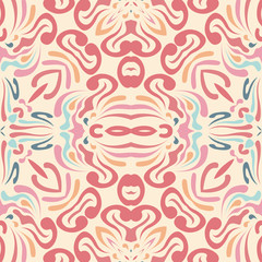 Ethnic seamless pattern in oriental style. Handmade kaleidoscope. Flower weave, fishnet lines. Creative fabric, textiles. Detail for design wallpaper, tile, packaging, background.