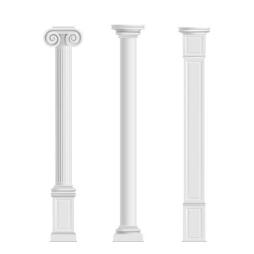 Antique cylindrical doric, Ionic orders and modern cubic columns of marble stone 3d realistic vector isolated on white background. Ancient architecture, historical or modern building exterior elements