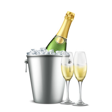 Bottle of champagne in restaurant bucket with ice and wineglasses with carbonated alcohol beverage realistic vector isolated on white background. Holiday celebrating party. Elite white sparkling wine