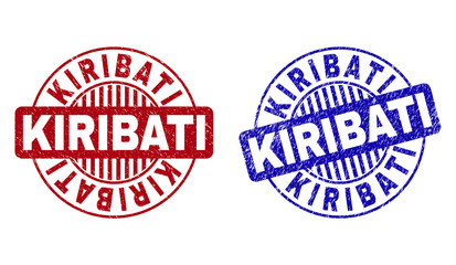 Grunge KIRIBATI round stamp seals isolated on a white background. Round seals with grunge texture in red and blue colors. Vector rubber imitation of KIRIBATI title inside circle form with stripes.