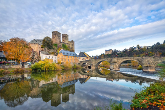 Runkel Castle and old stone bridge across the Lahn river in Runkel, Hesse, Germany