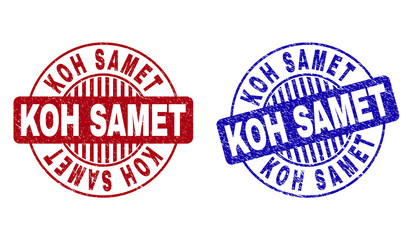 Grunge KOH SAMET round stamp seals isolated on a white background. Round seals with grunge texture in red and blue colors. Vector rubber overlay of KOH SAMET caption inside circle form with stripes.