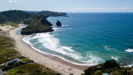 aerial shot of Awana Beach in Great Barrier Island, New Zealand