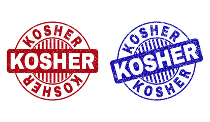 Grunge KOSHER round stamp seals isolated on a white background. Round seals with grunge texture in red and blue colors. Vector rubber imitation of KOSHER label inside circle form with stripes.