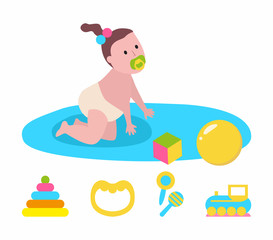 Obraz na płótnie Canvas Newborn crawling on mat, daughter joying with toys, cube and ball, colorful beanbag. Side view of baby with nipple and diaper sitting on play rug vector