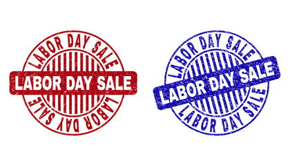 Grunge LABOR DAY SALE round stamp seals isolated on a white background. Round seals with grunge texture in red and blue colors.