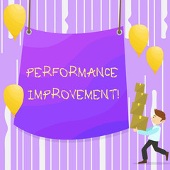 Word writing text Perforanalysisce Improvement. Business photo showcasing Improve Productivity Enhance Quality input Time Man Carrying Pile of Boxes with Blank Tarpaulin in the Center and Balloons