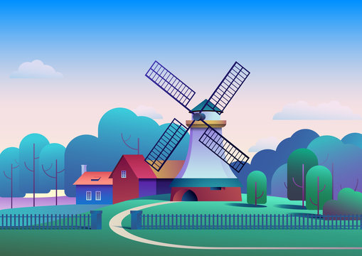 Countryside morning landscape with mill and farm on meadow, trees and forest on background - flat vector illustration.