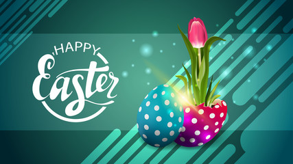 Happy Easter, horizontal modern green template postcard with tulip growing from Easter egg